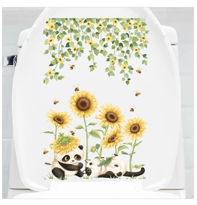 Floral toilet seat decal featuring vibrant sunflowers, a cute panda, and bees detail