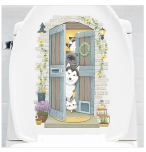 Detailed view of waterproof PVC toilet lid decal with cute pets peeking behind a blue door