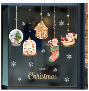 Detailed Christmas window stickers featuring Santa, snow globes, and Merry Christmas text