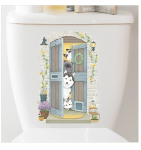 3D funny cartoon dog and cat toilet lid sticker with a stone arch and blue door design