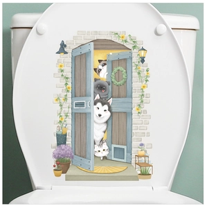 Detail of cute 3D animals peeking through a blue door on a toilet seat decorative sticker