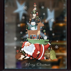 Merry Christmas window decals with cartoon animals stacked like a festive tree