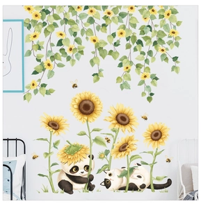 Detail of sunflower vine wall stickers featuring a cute panda and cat for room decor