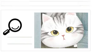 Close-up of cute cartoon cat sticker showing grey stripes and bright yellow eyes detail