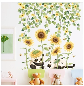 Detail of watercolor sunflower wall sticker with cute panda and cat in kid room