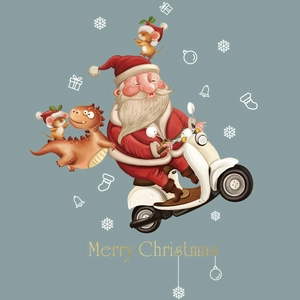 Christmas window decals with Santa riding a scooter and a dinosaur on blue background