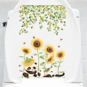 Floral toilet seat decal featuring sunflowers, pandas and cute cats bathroom decoration
