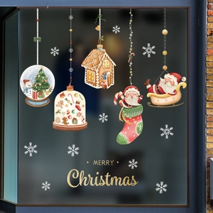 Christmas window stickers set with Santa Claus snow globe and gingerbread house decals