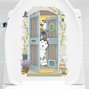 Cute cartoon cat and dog 3D wall sticker decoration on a white toilet lid cover