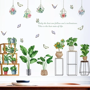 Stickers muraux aquarelle plantes tropicales en pot avec papillons et citations déco