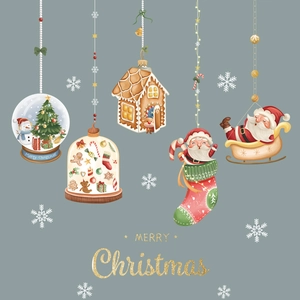 Christmas window decals set with snow globe, Santa, and gingerbread house illustrations