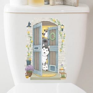 3D cartoon dog and cat mural stickers on white toilet tank with blue door and floral accents