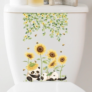 Floral toilet seat decal featuring sunflower, panda, and cat for bathroom decoration