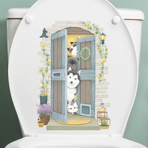 3D cartoon pet dog and cat bathroom toilet lid sticker with realistic blue door design