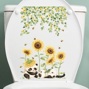 Floral sunflower toilet seat lid decals with cute panda and cat stickers for bathroom decor
