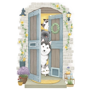 Cute cartoon husky and cat peeping from a vintage door wall sticker for home decor