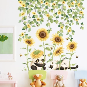 Sunflower and panda wall stickers for children's room with vines and honey bees