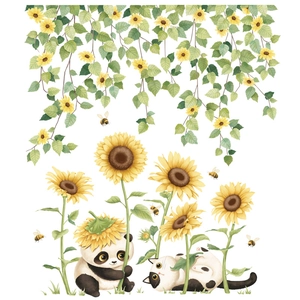 Watercolor sunflower vine wall stickers with cute panda and cat for home decor