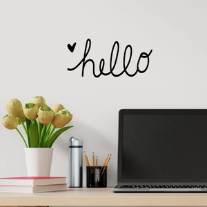 Sticker mural hello de style nordique avec cœur au-dessus d'un bureau moderne
