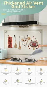 Detail of self-adhesive kitchen wall sticker with oil-proof grid and cartoon cat pattern