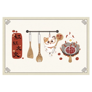 Waterproof kitchen tile sticker with festive cartoon cat and traditional lucky motifs