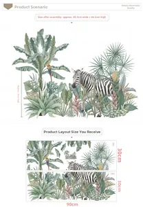 Makroansicht der Maße für Wandtattoo mit tropischen Regenwald Zebras und Palmenblättern