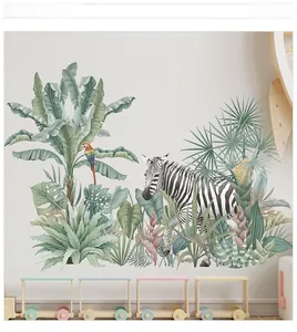 Detailansicht der tropischen Wandtattoo-Dschungel-Motive mit Zebra im Kinderzimmer