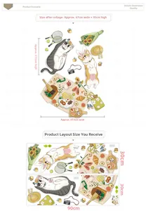 Detailed view of cat picnic wall stickers showing 67.5x95cm finished size and layout dimensions