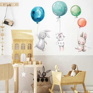 Watercolor cartoon rabbits with colorful balloons wall stickers for nursery and kids room