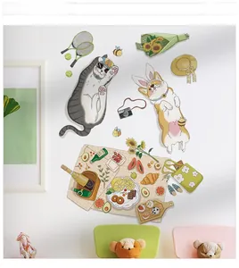 Detailed wall sticker set showing cute cartoon cat and dog having a spring picnic on a white wall