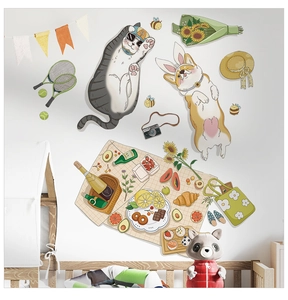 Detail showing hand-drawn cat and corgi picnic stickers applied on a child's bedroom wall