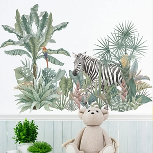 Tropical rainforest wall sticker with zebras and palm leaves for room decor