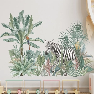 Tropical rainforest wall decal with zebra, red parrot and lush green monstera leaves