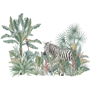 Tropical jungle wall stickers with zebra parrot and monstera leaves in watercolor style