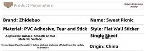 Detailed specification chart for PVC cute cat picnic wall stickers with material info
