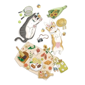 Cute Cartoon Cat Dog Picnic Wall Stickers Removable PVC Decals For Kitchen Living Room Home Decor Kids Room Art Stickers