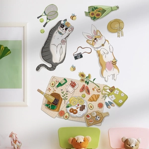 Cartoon cat and corgi dog wall stickers set with picnic and sports elements for home decor