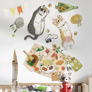 Cute cartoon picnic cat and dog wall stickers set with food and flower elements