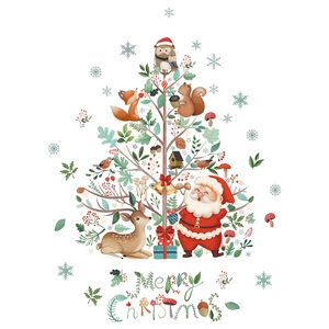 Sticker mural sapin de Noël avec animaux de la forêt, Père Noël et flocons sur fond blanc