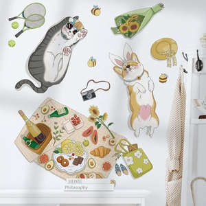 Cartoon picnic wall stickers featuring tabby cats, corgis, and sunflowers on white wall