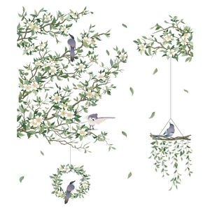 Stickers muraux fleurs blanches et oiseaux bleus avec décorations de vignes suspendues