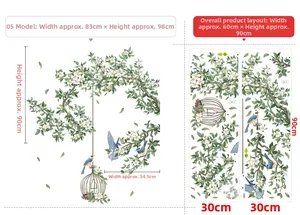 Détail des stickers feuilles tropicales et oiseaux avec dimensions de 60x90cm