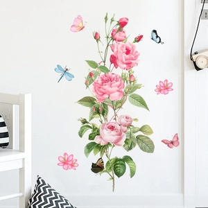 Pink Rose Butterfly Wall Stickers PVC Waterproof Removable Floral Decals For Living Room Bedroom Kitchen Home Decor Art