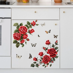 Self-adhesive red rose and butterfly wall stickers for living room and cabinet decor