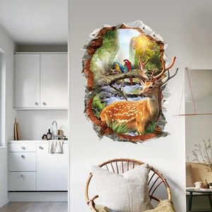 Adesivo murale 3D foresta con cervo e pappagalli con effetto visivo di muro rotto