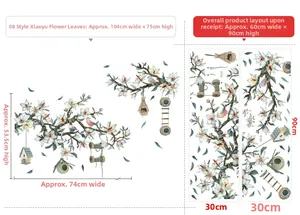 Vue détaillée du sticker mural plantes tropicales avec nichoir et fleurs blanches