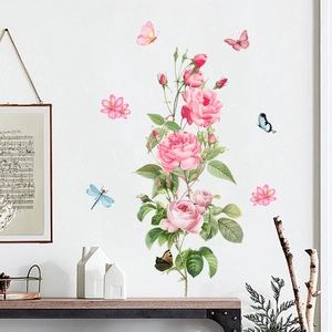 Pink rose flower wall stickers with colorful butterflies and dragonfly for home decoration