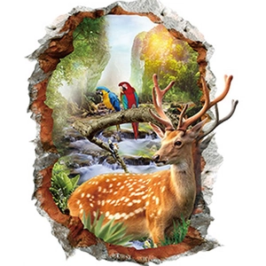 Adesivo murale 3D con cervi e pappagalli nella foresta per decorare il soggiorno