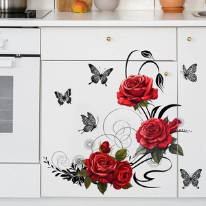 Self-adhesive waterproof wall sticker with red roses and butterflies on white cabinet
