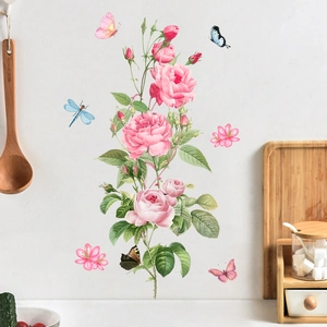Self-adhesive wall stickers with pink roses and colorful butterflies for room decor